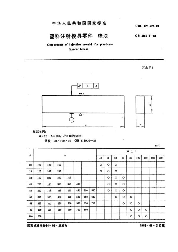 塑料注射模具零件 垫块 (GB 4169.6-1984)