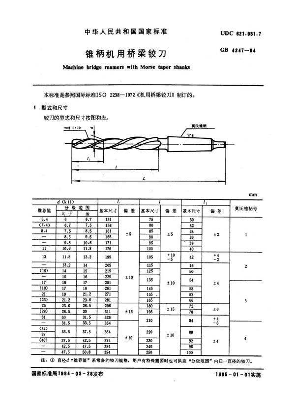 锥柄机用桥梁铰刀 (GB 4247-1984)