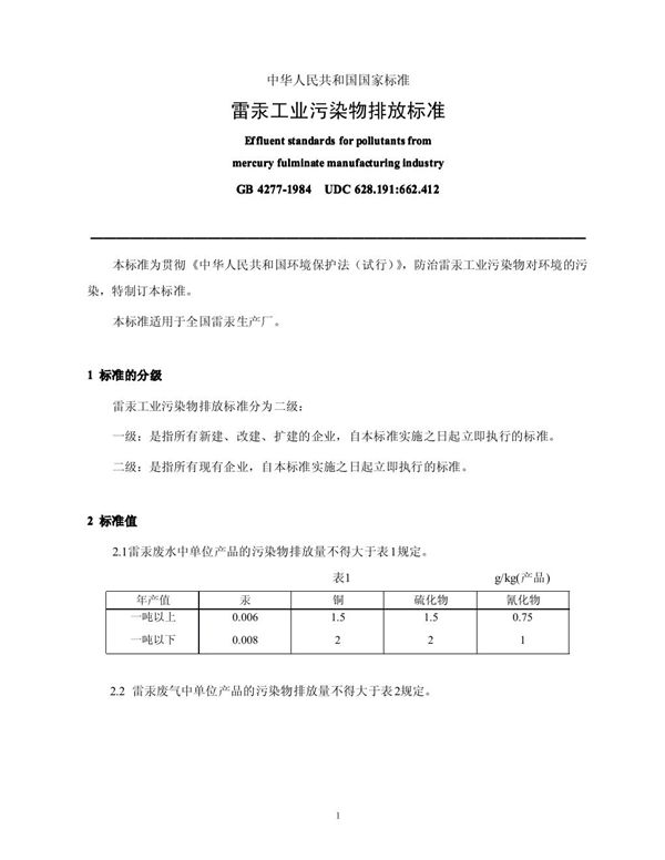 雷汞工业污染物排放标准 (GB 4277-1984)