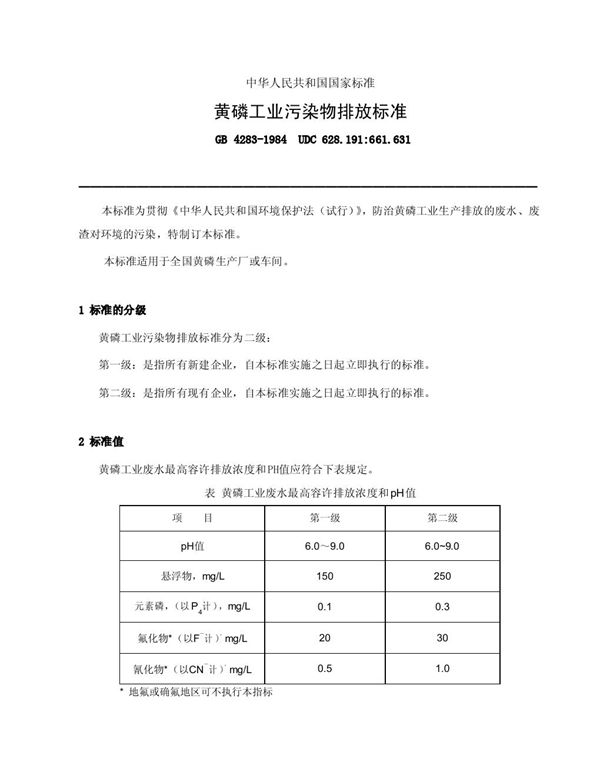 黄磷工业污染物排放标准 (GB 4283-1984)