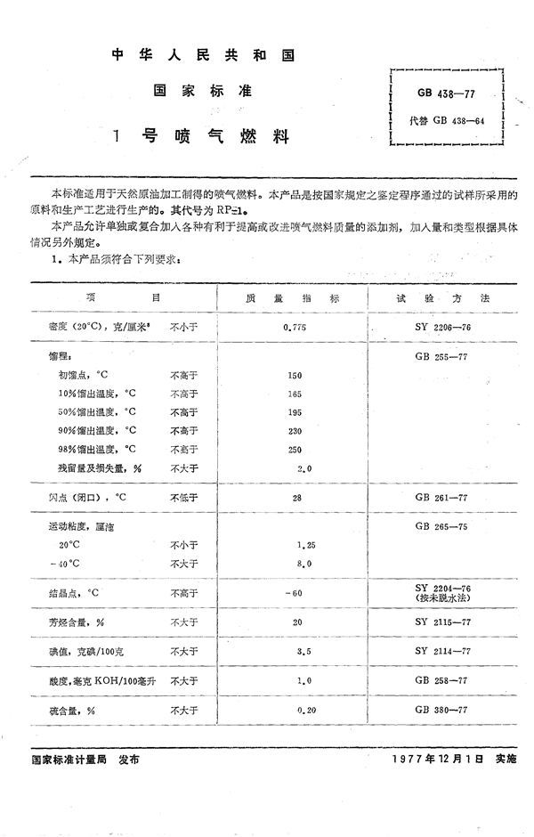 1号喷气燃料 (GB 438-1977)