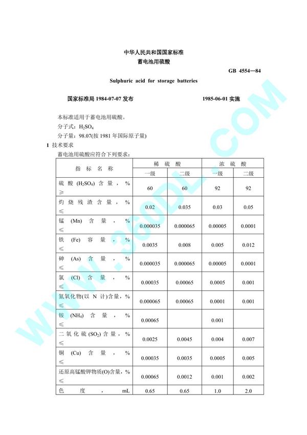 蓄电池用硫酸 (GB 4554-1984)