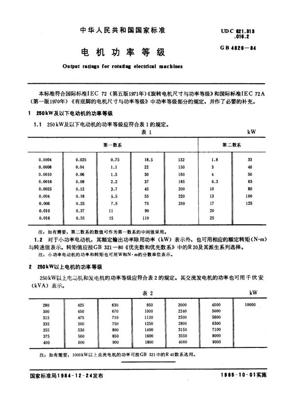 电机功率等级 (GB 4826-1984)