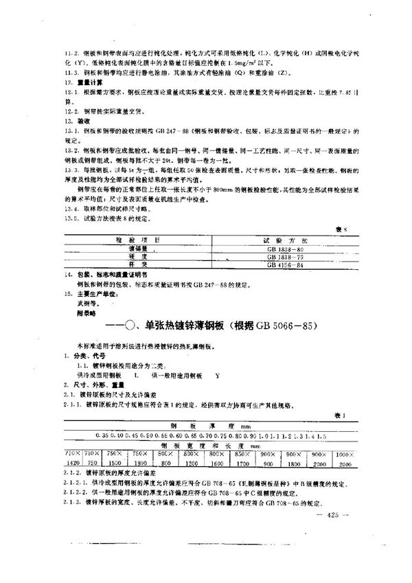 单张热镀锌薄钢板 (GB 5066-1985)