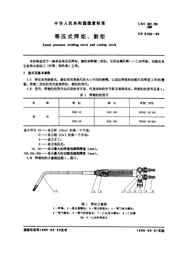 等压式焊炬、割炬 (GB 5108-1985)