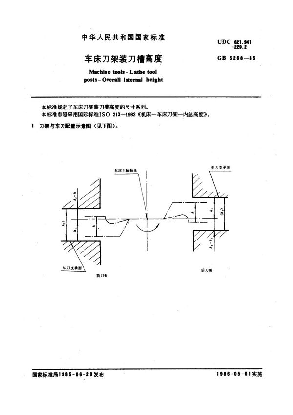 车床刀架装刀槽高度 (GB 5268-1985)