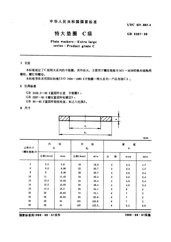 特大垫圈 C级 (GB 5287-1985)