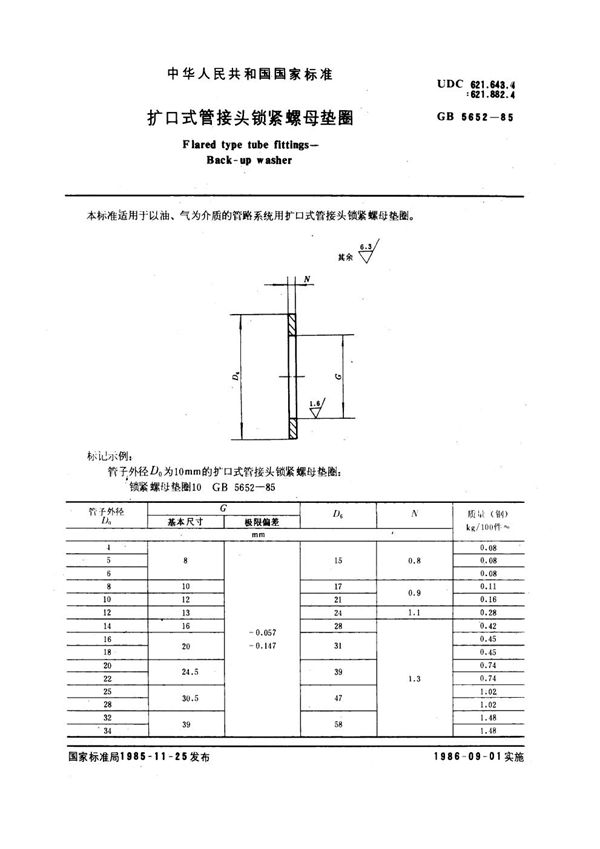 扩口式管接头锁紧螺母垫圈 (GB 5652-1985)