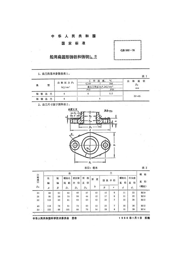 船用扁圆形铸铁和铸钢法兰 (GB 582-1976)