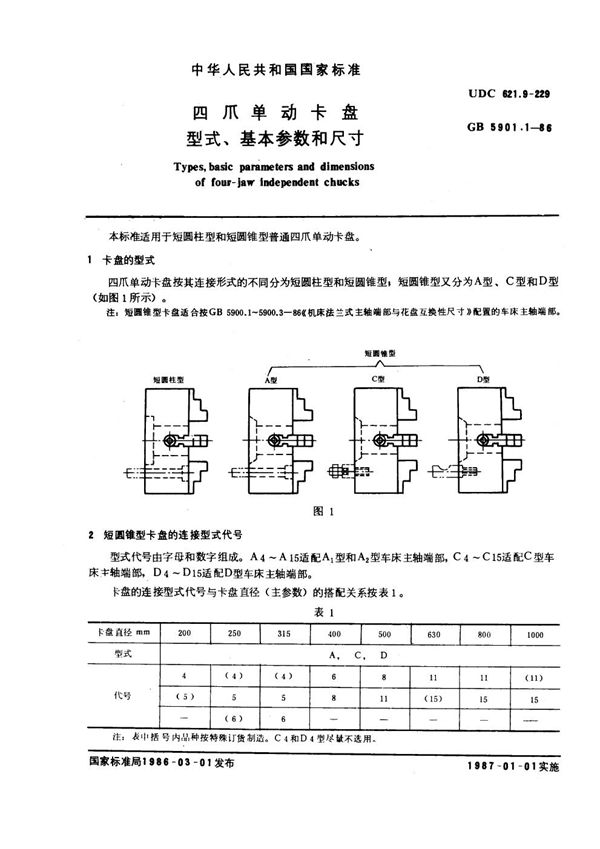 四爪单动卡盘型式、基本参数和尺寸 (GB 5901.1-1986)