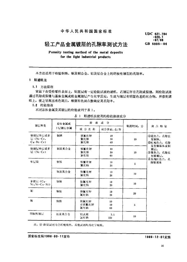 轻工产品金属镀层的孔隙率测试方法 (GB 5935-1986)