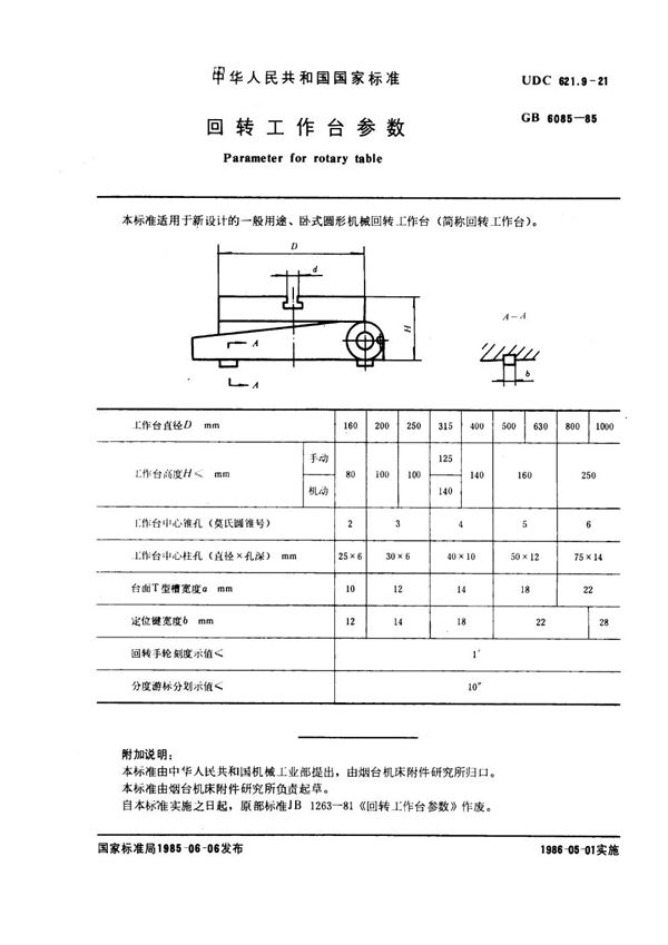 回转工作台参数 (GB 6085-1985)