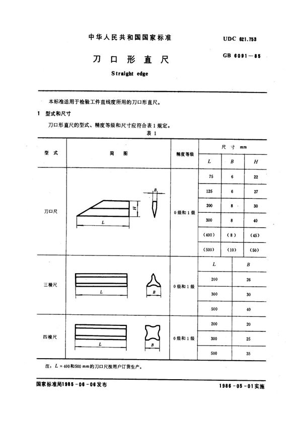 刀口形直尺 (GB 6091-1985)