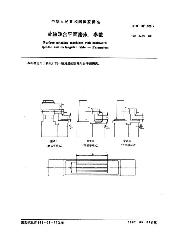 卧轴矩台平面磨床 参数 (GB 6469-1986)