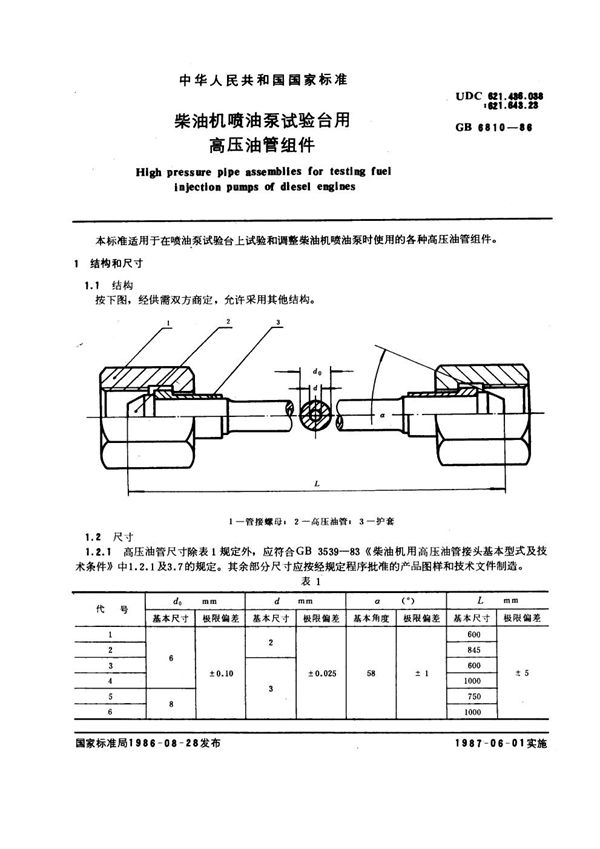 柴油机喷油泵试验台用高压油管组件 (GB 6810-1986)