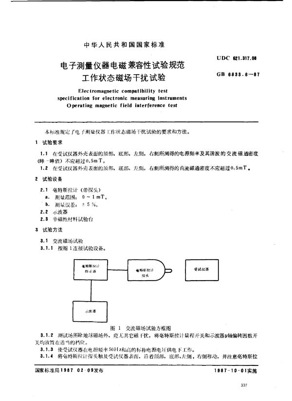 电子测量仪器电磁兼容性试验规范 工作状态磁场干扰试验 (GB 6833.8-1987)