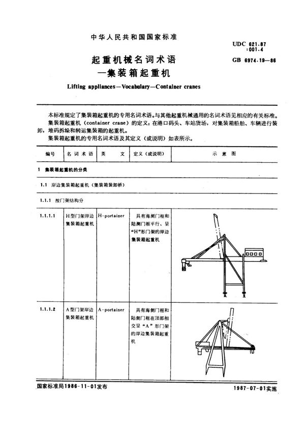 起重机械名词术语 集装箱起重机 (GB 6974.19-1986)