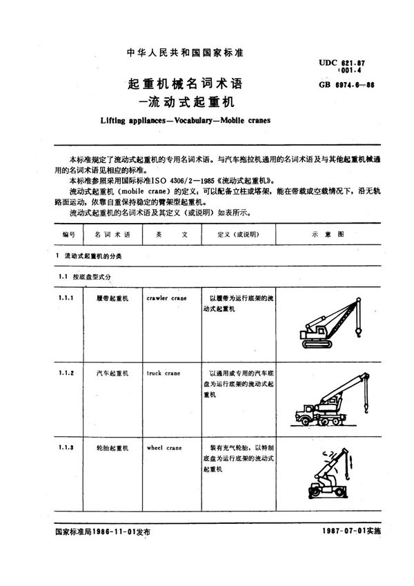 起重机械名词术语 流动式起重机 (GB 6974.6-1986)