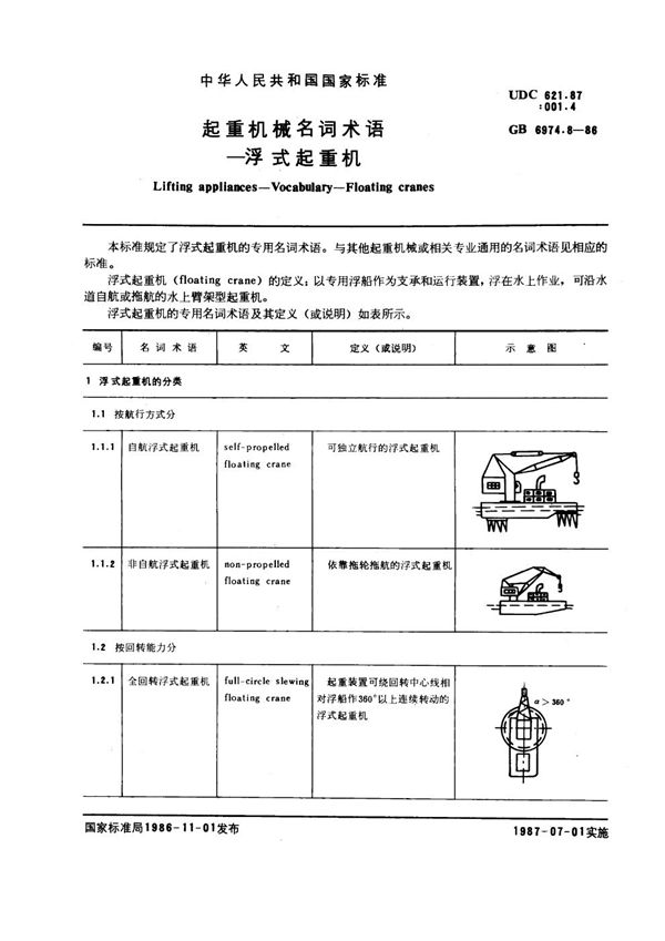 起重机械名词术语 浮式起重机 (GB 6974.8-1986)