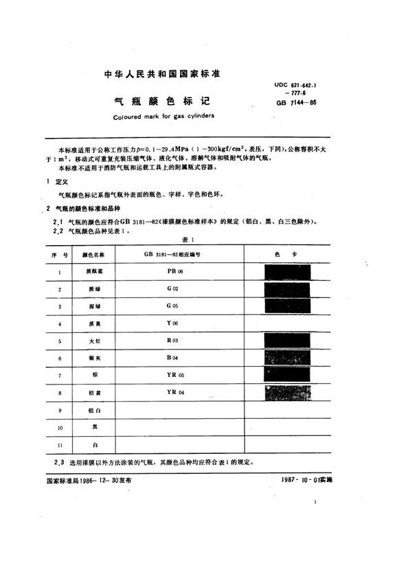 气瓶颜色标记 (GB 7144-1986)