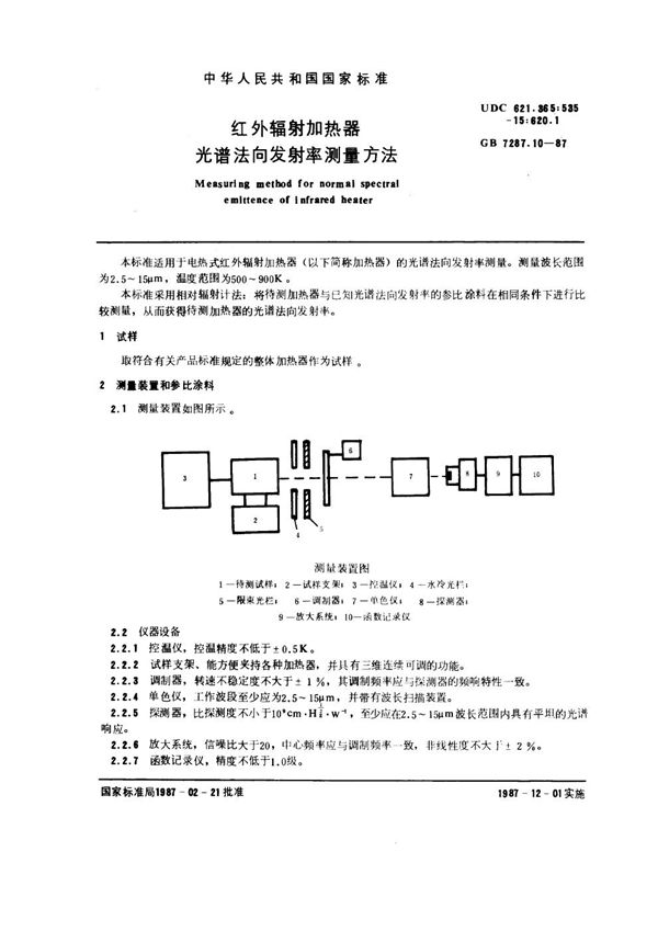 红外辐射加热器光谱法向发射率测量方法 (GB 7287.10-1987)