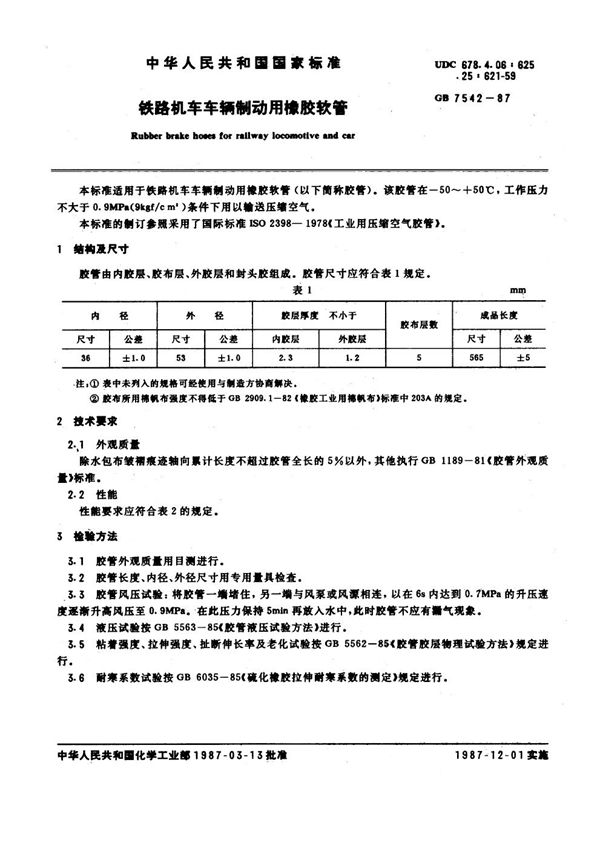 铁路机车车辆制动用橡胶软管 (GB 7542-1987)