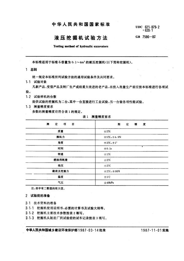 液压挖掘机试验方法 (GB 7586-1987)