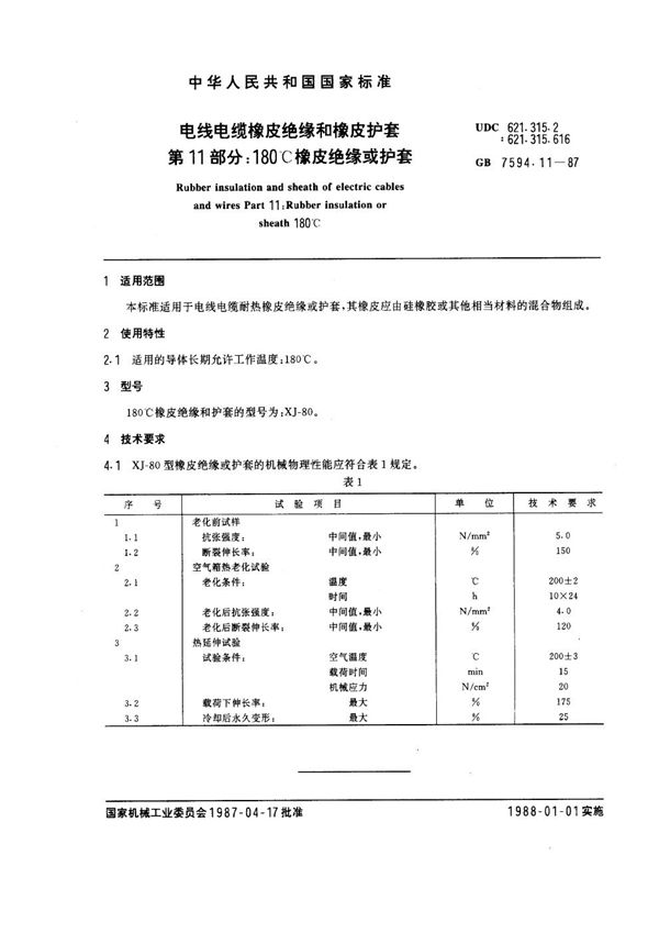 电线电缆橡皮绝缘和橡皮护套 第11部分：180℃ 橡皮绝缘或护套 (GB 7594.11-1987)