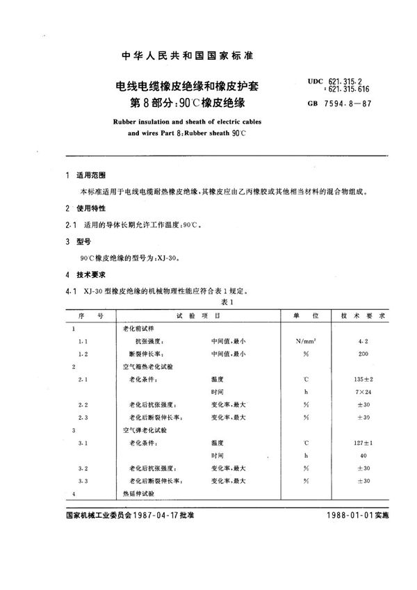 电线电缆橡皮绝缘和橡皮护套 第8部分：90℃橡皮绝缘 (GB 7594.8-1987)