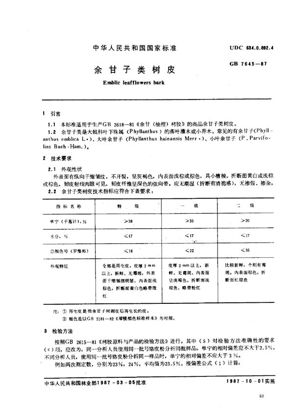 余甘子类树皮 (GB 7645-1987)