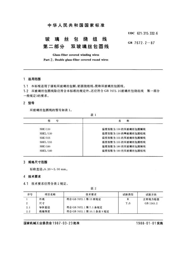 玻璃丝包绕组线 第二部分：双玻璃丝包圆线 (GB 7672.2-1987)