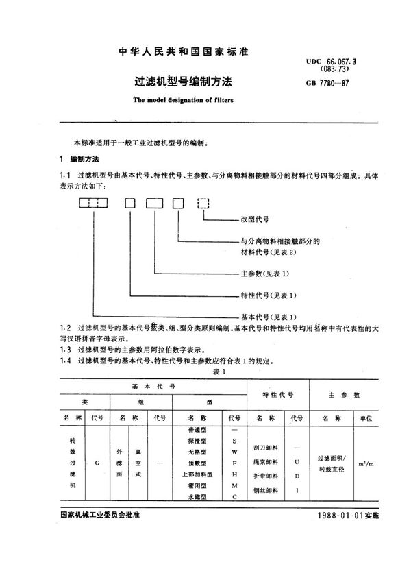 过滤机型号编制方法 (GB 7780-1987)