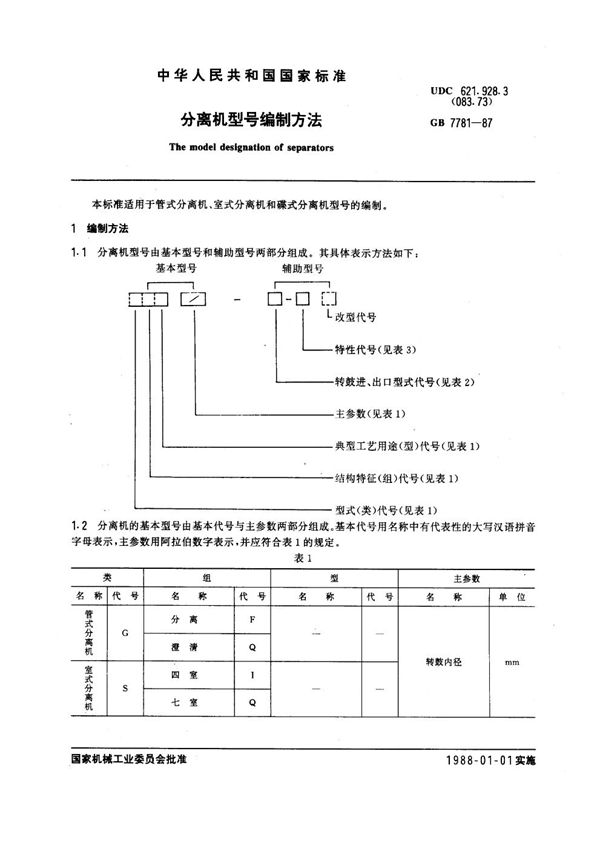 分离机型号编制方法 (GB 7781-1987)