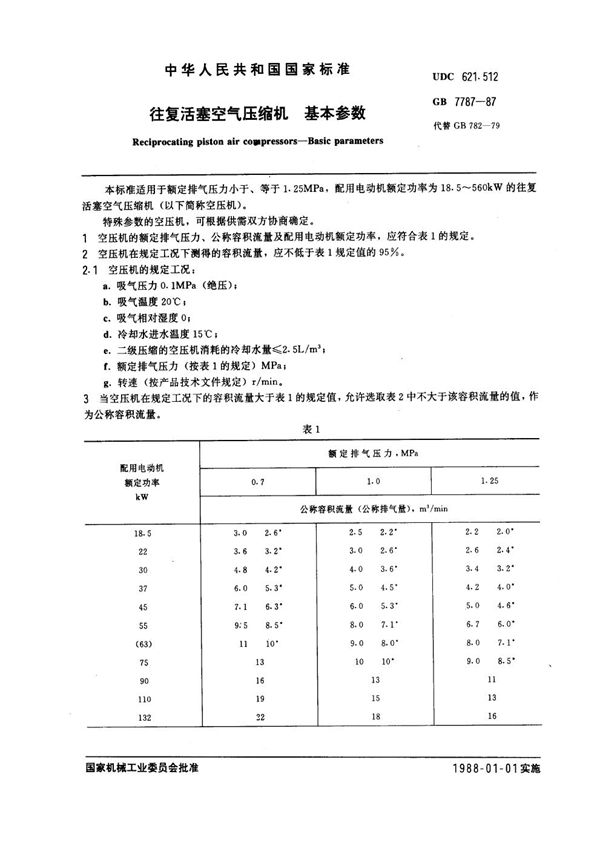 往复活塞空气压缩机基本参数 (GB 7787-1987)