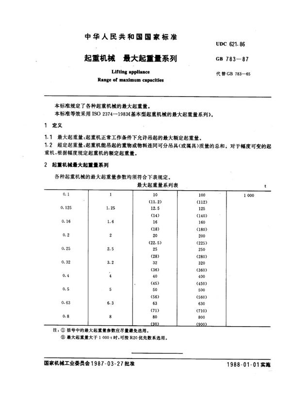 起重机械最大起重量系列 (GB 783-1987)