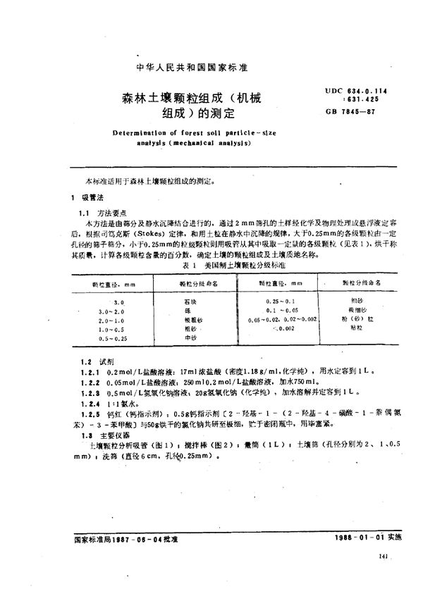 森林土壤颗粒组成(机械组成)的测定 (GB 7845-1987)