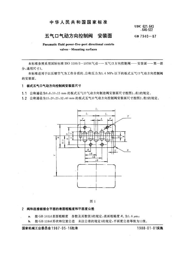 五气口气动方向控制阀 安装面 (GB 7940-1987)