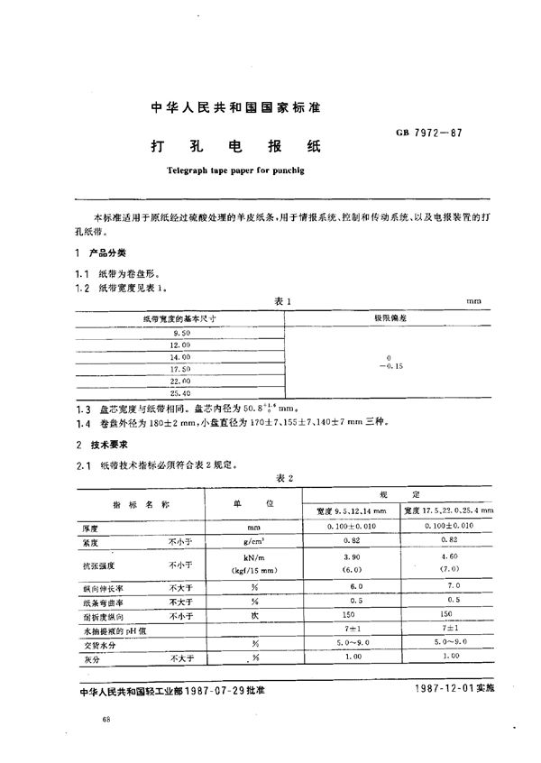 打孔电报纸 (GB 7972-1987)