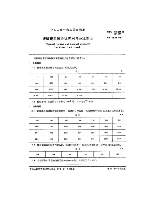 搪玻璃容器公称容积与公称直径 (GB 7996-1987)