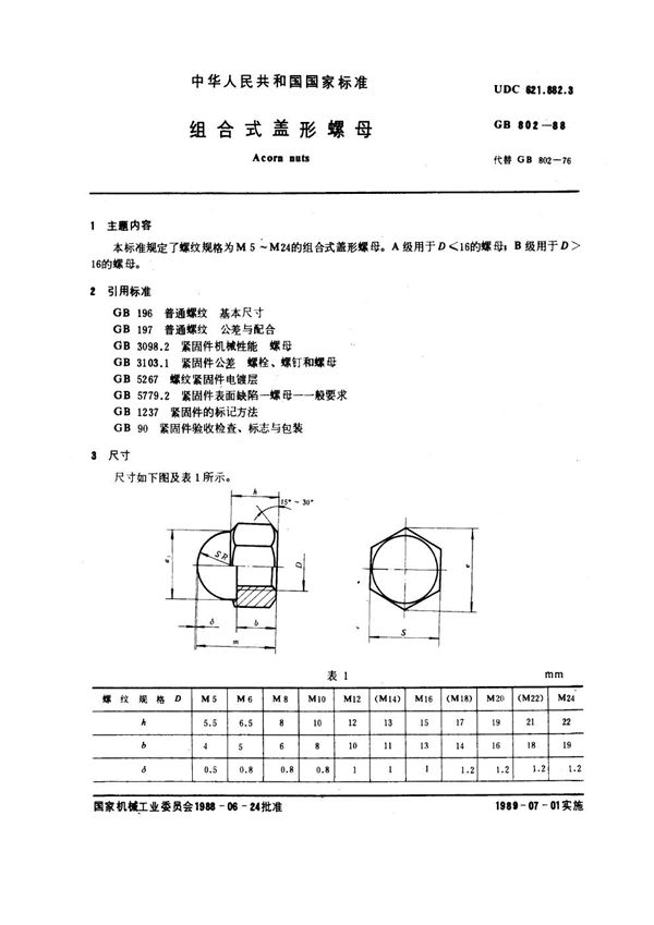 组合式盖形螺母 (GB 802-1988)