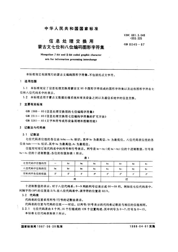 信息处理交换用蒙古文七位和八位编码图形字符集 (GB 8045-1987)