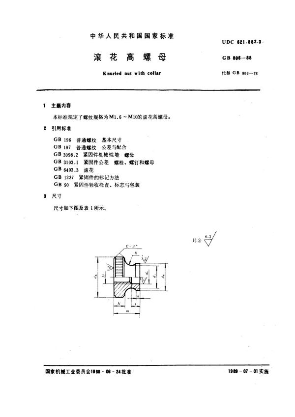 滚花高螺母 (GB 806-1988)