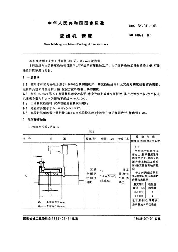 滚齿机精度 (GB 8064-1987)