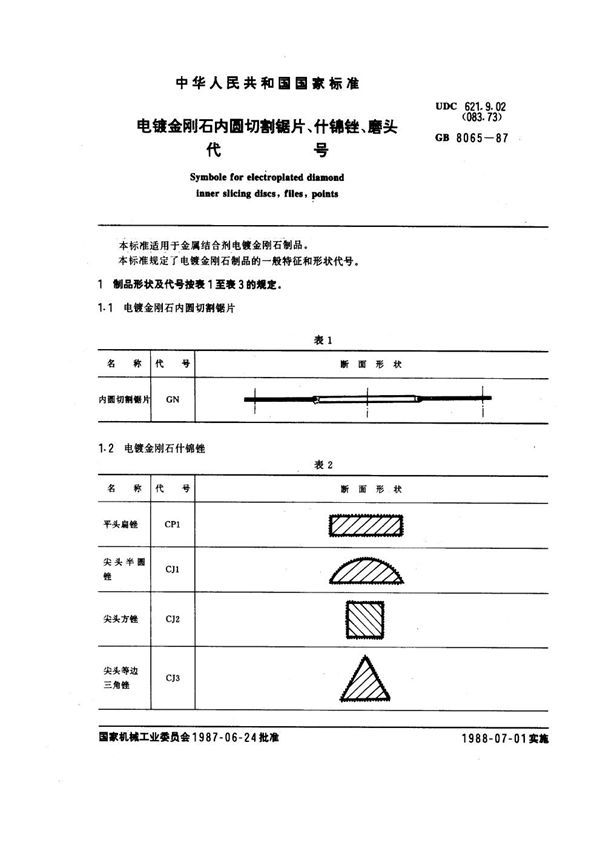 电镀金刚石内圆切割锯片、什锦锉、磨头代号 (GB 8065-1987)