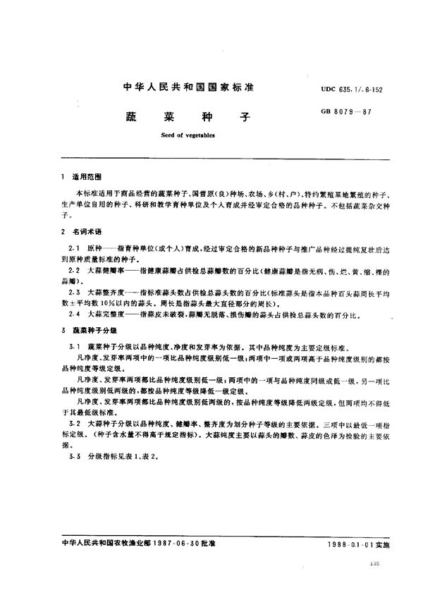 蔬菜种子 (GB 8079-1987)