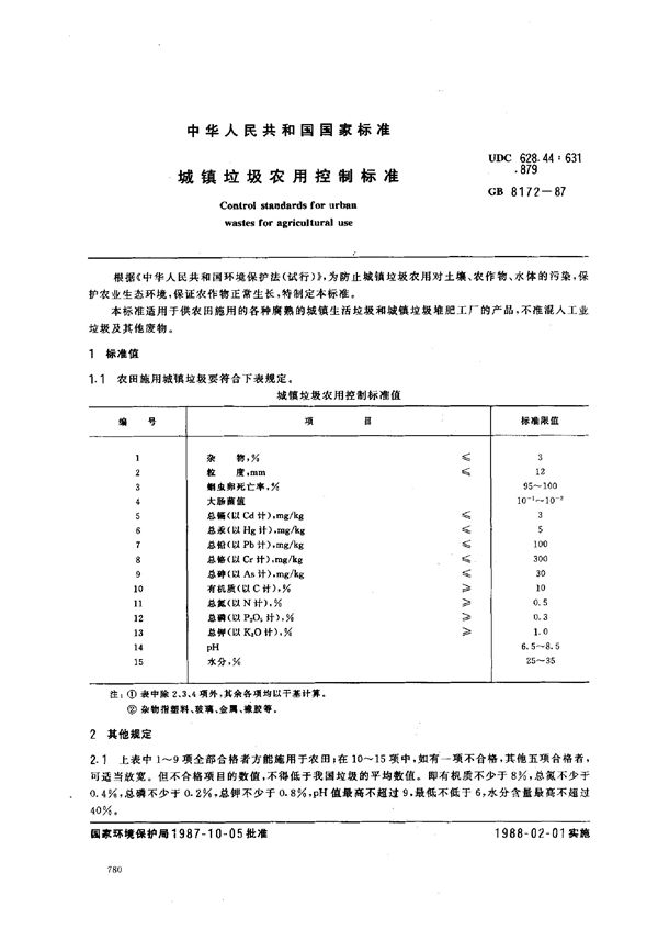 城镇垃圾农用控制标准 (GB 8172-1987)