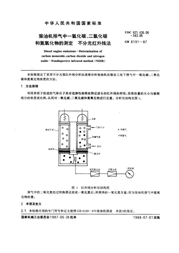 柴油机排放气中一氧化碳、二氧化碳和氮氧化物的测定 不分光红外线法 (GB 8191-1987)