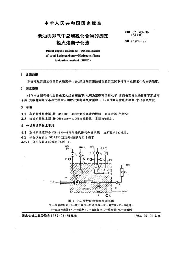 柴油机排气中总碳氢化合物的测定 氢火焰离子化法 (GB 8193-1987)