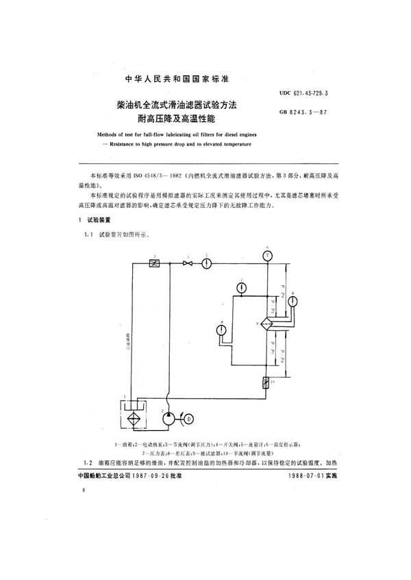 柴油机全流式滑油滤器试验方法 耐高压降及高温性能 (GB 8243.3-1987)