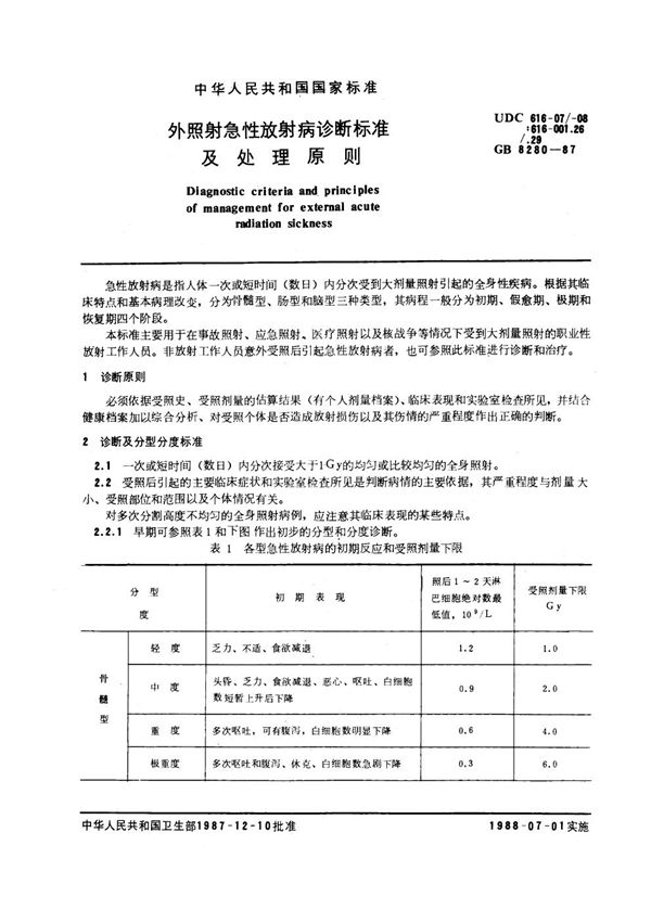 外照射急性放射病诊断标准及处理原则 (GB 8280-2000)